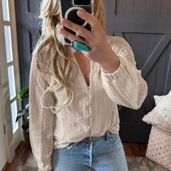 New Bohemian Cream Lace Long Sleeve V-Neck Button Front Blouse Top - Picture 3 of 8